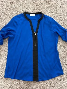 Calvin Klein Blue Blouse with Black Trim and Front Zip